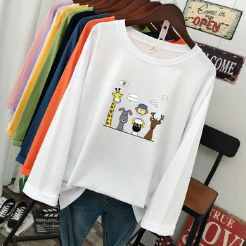 

DONAMOL Plus Size fashion Casual Women T-Shirt loose long sleeve Pullover High Quality 100% cotton Cartoon style print tee&Tops