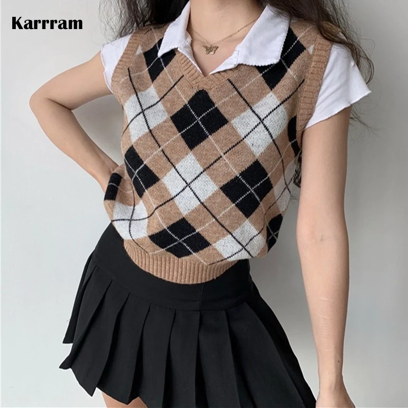 Preppy Style V Neck Casual 90s Aesthetic Clothes For Women Vintage Soft  Girl Sleeveless Plaid Knitted Tank Tops Female Knitwear - Tanks & Camis -  AliExpress