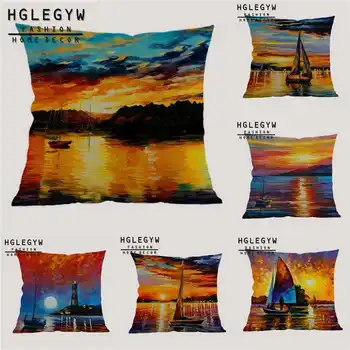 

Sea Sunset Sailing Scenery Pattern Cotton Linen Pillowcase for Home Office Chair Decor Sofa Waist Cushion Cover 18''