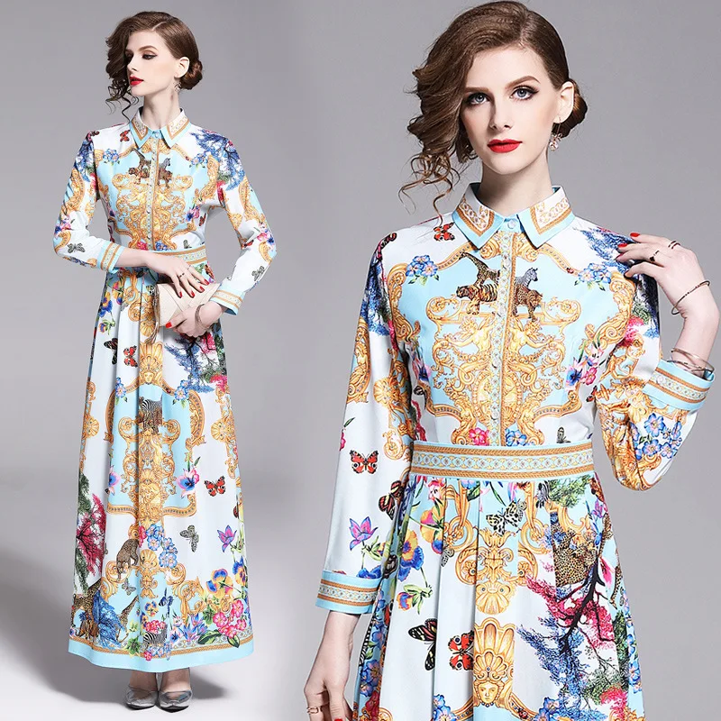 

2019 Spring And Autumn Foreign Trade WOMEN'S Dress Ozhouzhan Elegant Fold-down Collar Beautifully Printed Slim Fit Long Sleeve L