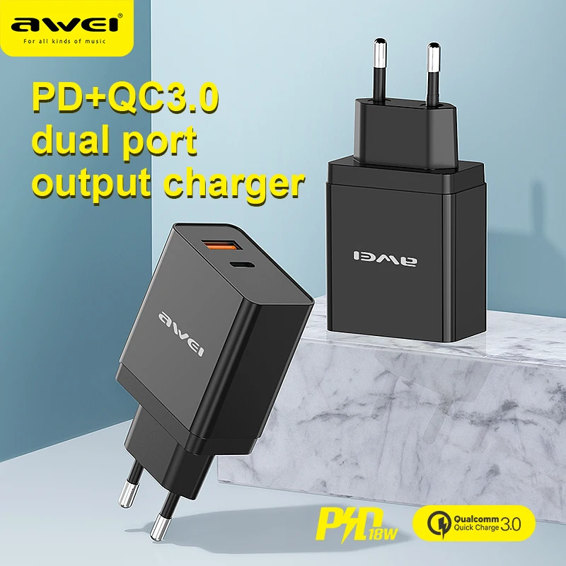 AWEI C-980, 18 Вт, QC3.0, USB, быстрая зарядка+ PD, type-C, быстрое зарядное устройство для телефона, настенное, EU, штепсельный адаптер для iPhone XR, huawei, Xiaomi