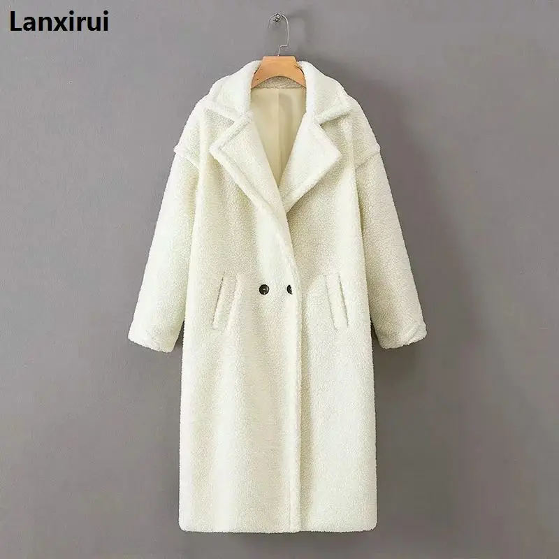 Lanxirui мех смесь шерсти теплая уличная одежда больших размеров Длинная женская Повседневная Верхняя одежда натуральный цвет девушка пальто Nov14
