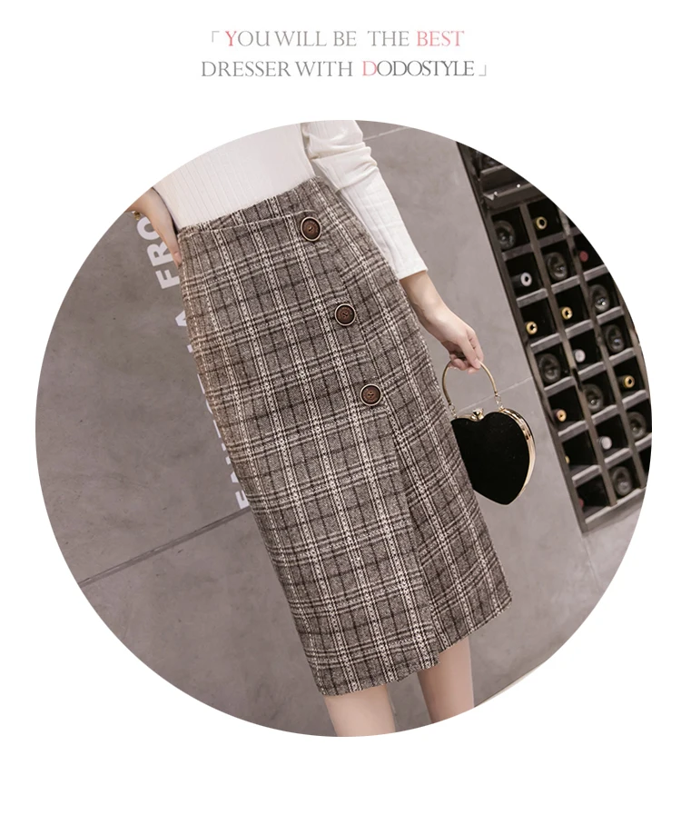 KINOMI Autumn Winter Women's Vintage Woolen Plaid Midi Skirts High Waist Sheath Pencil Knee-Length Wrap Skirts Female New