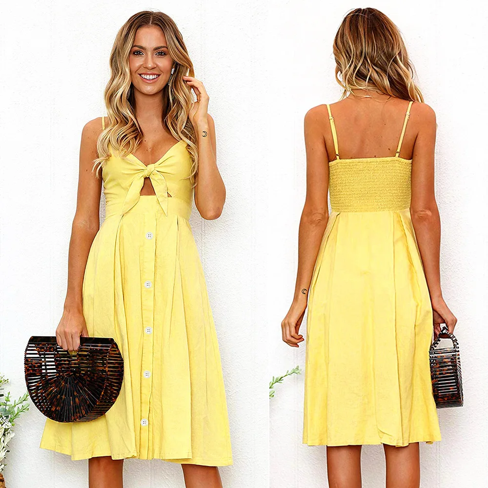

Vintage Casual Dress Women's New Sling V Neck Hollow Out Bow Backless Buttons Midi Sundress 2023 Summer Boho Floral Sexy Dresses