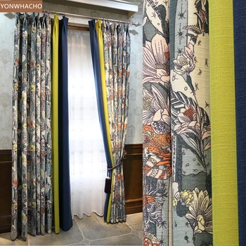 

Custom curtains Light luxury French cotton linen stitching American rural floral cloth blackout curtain tulle panel B974