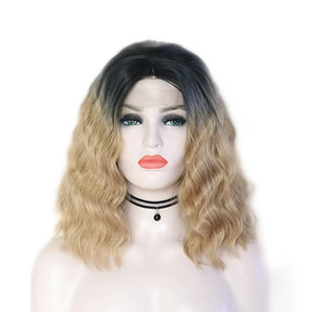 

RONGDUOYI Ombre Bob Wig Hair Synthetic Lace Front Wig for Women Curly Short Woman Wigs Hair Heat Natural Hairline Middle Part