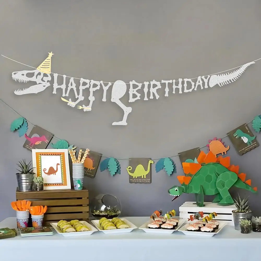 Блестящий серебряный мотив динозавра счастливый плакат "с днем рождения" динозавр вечерние Юрский плакат "с днем рождения" достаринный скелет динозавра