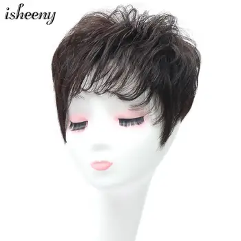

Isheeny Short Remy Human Hair Piece 18*20 cm MONO PU Base Wavy Women Topper Wig With Bang