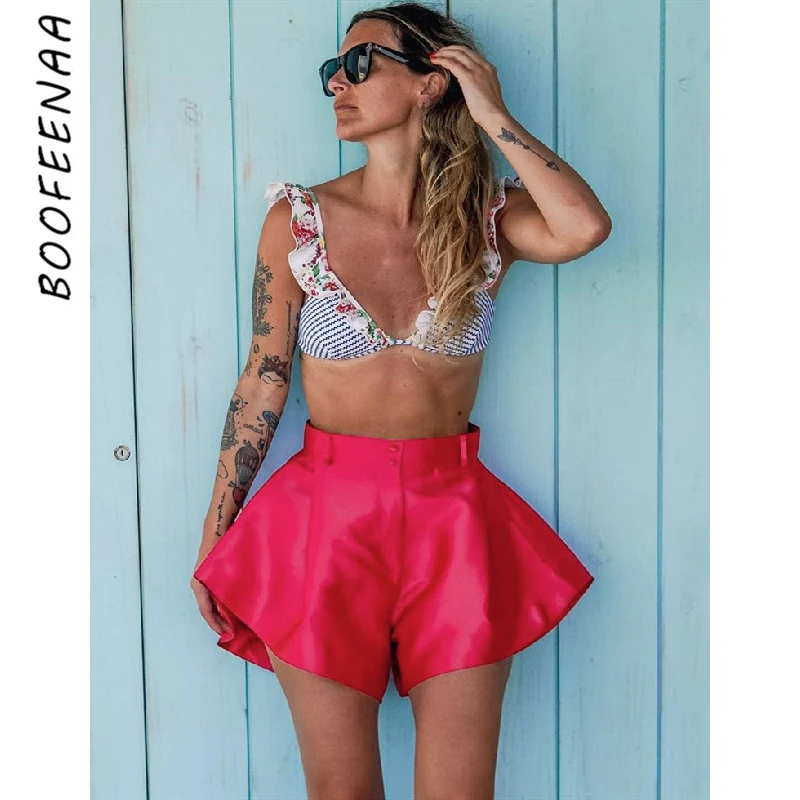 BOOFEENAA High Waist Baggy Flare Shorts 