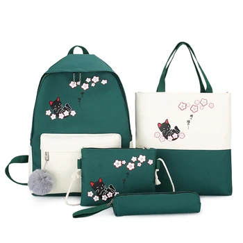 

Hit Color Backpack 4pcs/Set Cute Cat Canvas Shoulder Crossbody Bag Pencil Case Multi-functional Female Festival Gifts