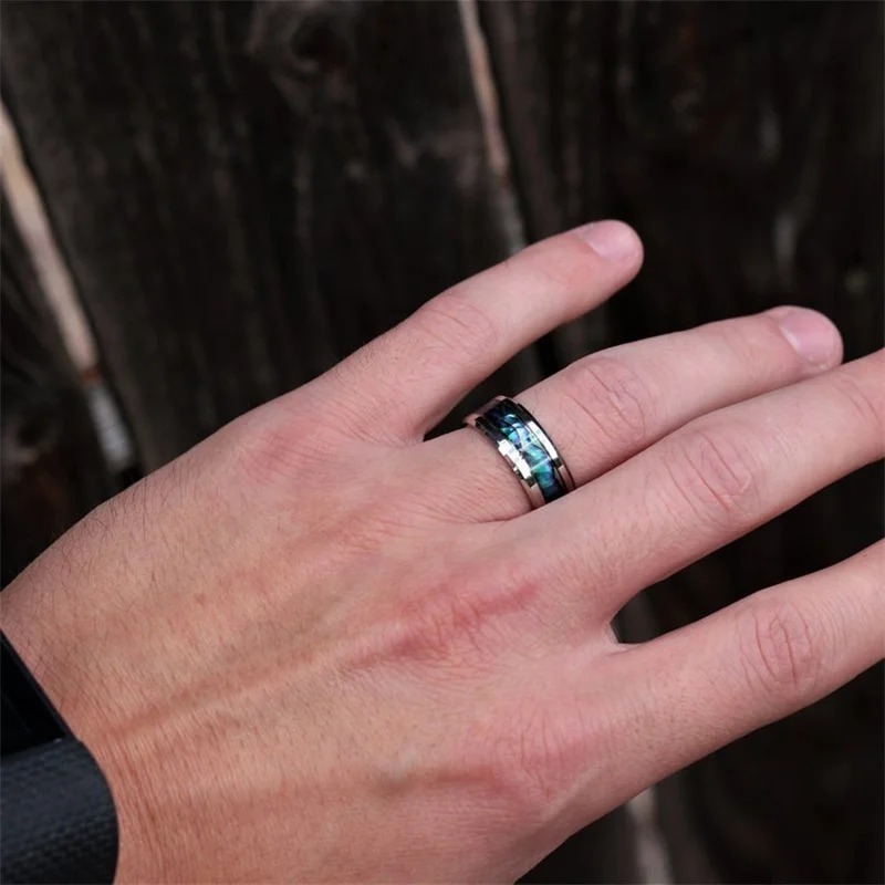 8mm Titanium Steel Fashion Men Rings Inlaid Abalone Shell Wedding Band Men Jewelry For Women Unisex Accessories wedding rings finger rings fashion rings titanium steel rings