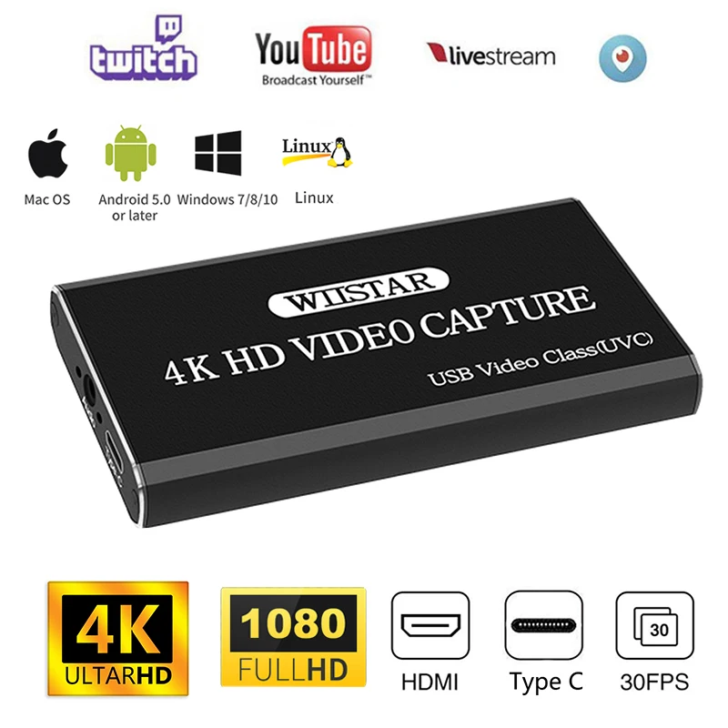 New USB Audio Video Capture Card HDMI to Type C USB Video Capture with HDMI 4K Loopout 3.5mm Audio Out for Windows Mac OS Linux hdmi to usb video catpure card usb hd 1 way video card converter adapter for windows xp vista 7 8 10