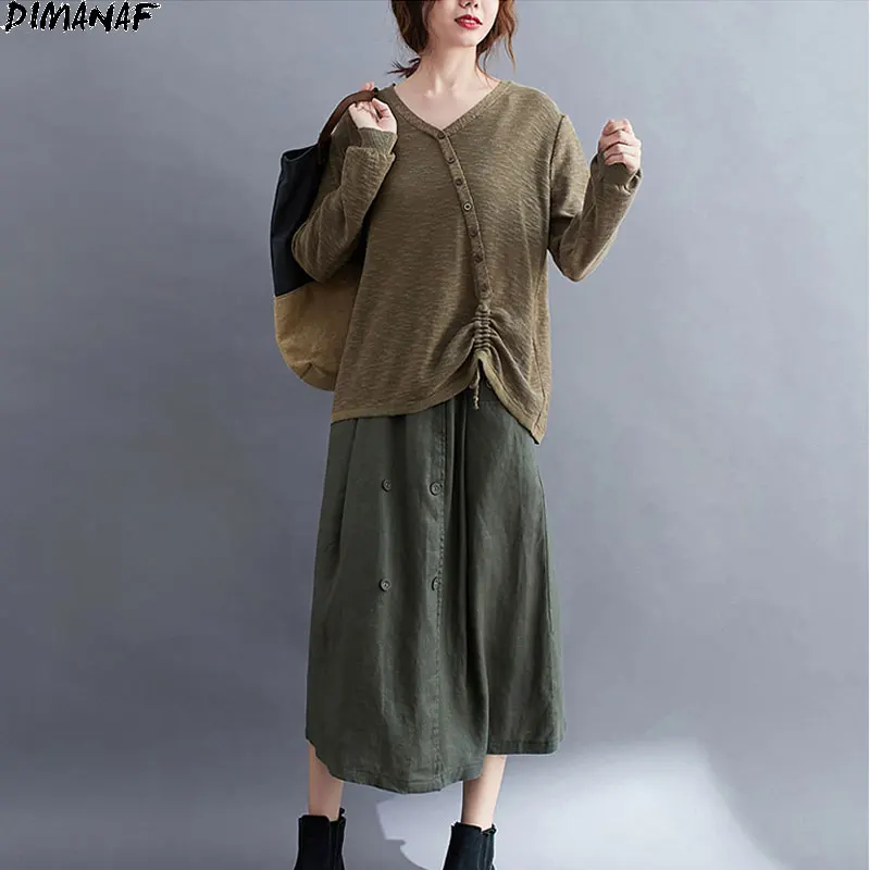 DIMANAF 2020 Plus Size Women T-Shirt Casual Knitting V-Neck Pullover Buttons Spliced Cotton Autumn Tee Shirt New Big Size Tops
