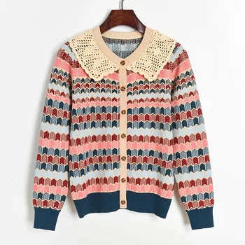 

Contrast Color Plaid Jacquard Knitted Cardigan Women 2020 Autumn Knitted Coat Turn Down Collar Sweater Cardigans Cute Knit Coat