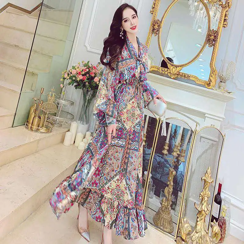 Holiday national style printed chiffon dress lantern sleeve autumn dress 2020 new female Office Lady  Sheath  Knee-Length