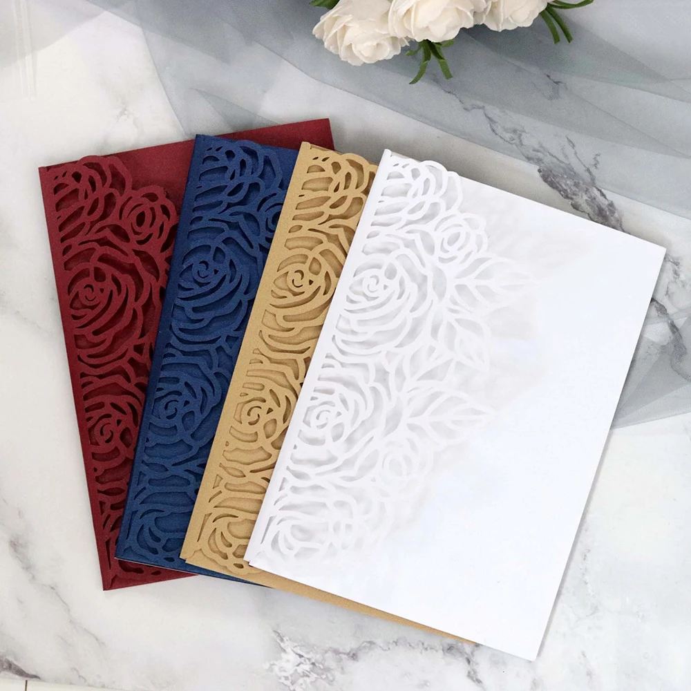  10Pcs Wedding Invitation Cards Floral Laser Cut Paper Cover Craft Envelopes Set - 4000077928276