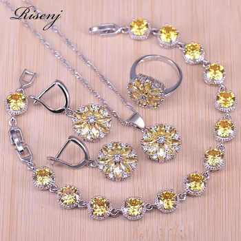 

Risenj Ring Earrings Necklace Bracelet Set Silver Color Jewellry Set For Women Sparking Yellow CZ&Crystal Bridal Jewelry