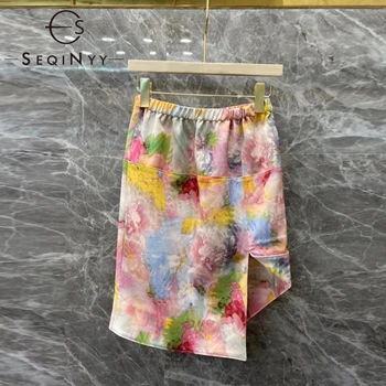 

SEQINYY Colorful Skirt 2020 Summer Spring New Fashion Design French Style Blooming Art Print Elastic Waist Mini Skirt