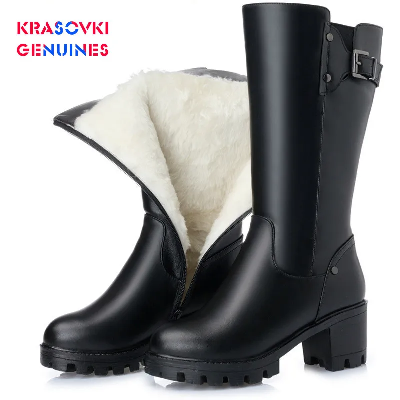 

Krasovki Genuines Wool Women Snow Boot Warm Genuine Leather Fur Warm Shoes Plush High Heel Boots Platform for Women Winter Boots