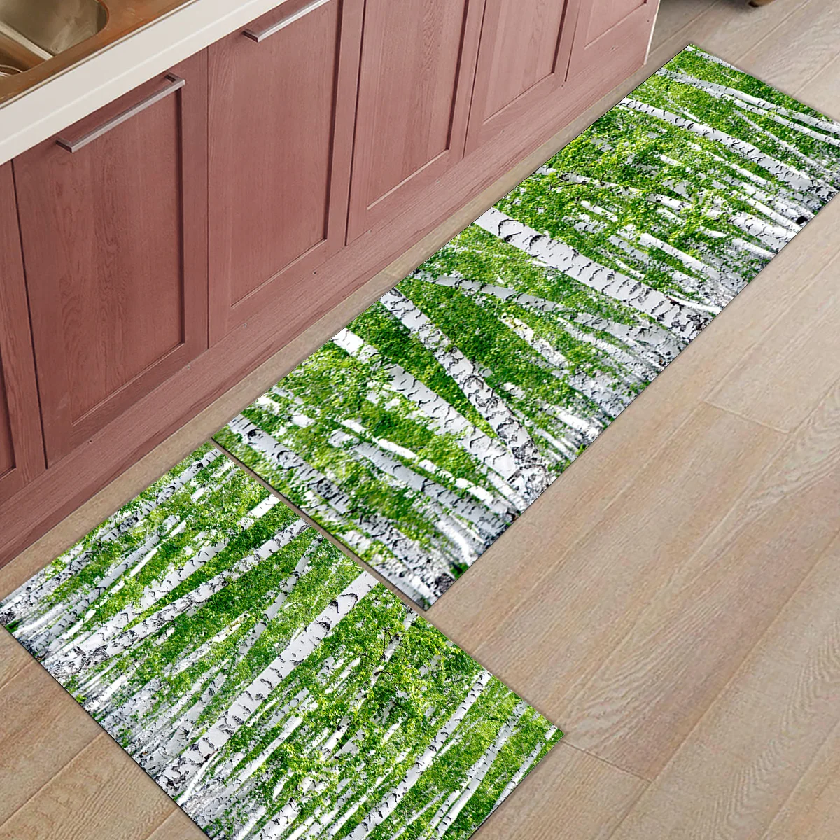 2Pcs/Set Birch Trees Nature Long Kitchen Mat Bath Carpet Floor Mat Home