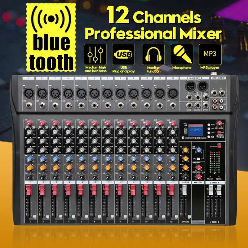 

12 Channels bluetooth Sound Mixing Console Record Phantom Power Monitor AUX Paths Karaoke Amplifier Audio Mixer with USB