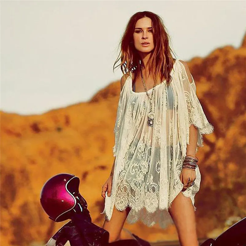 Винтажное мини-платье в стиле хиппи с вышивкой бохо цветочным кружевом