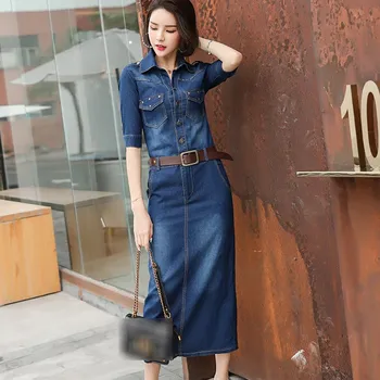 

2019 Fall Women's Jeans Casual Slim Denim Midi Dress Summer Cowboy Office Female Ladies Vintage Pencil Dresses Vestidos Robe