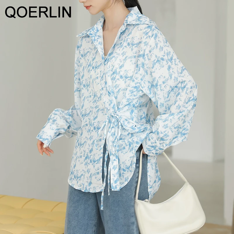 QOERLIN Chic Sashes Tops Blouse Girl Fashion Blue Printed Shirt Women Lapel Bandage Long Sleeve Female Summer Retro Loose Shirts blouses lace splicing hollow out blouse in blue size s