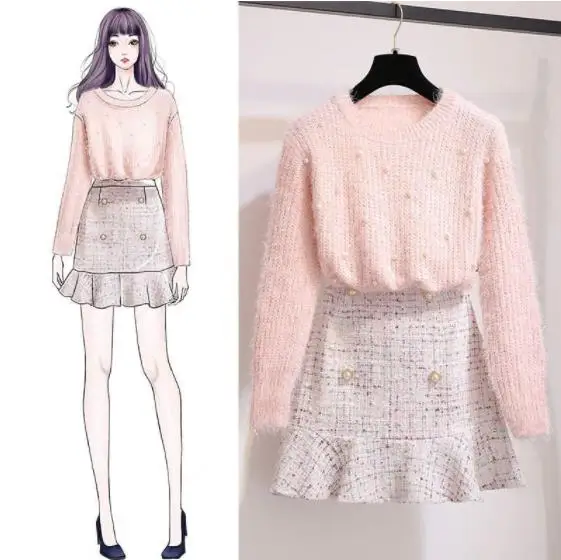 Женский твидовый спортивный костюм трикотажный свитер с бисером и юбка комплект