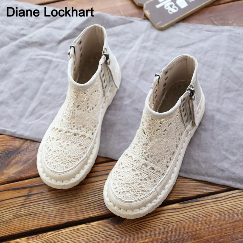 

Spring Summer Knitted Women Ankle Boots Reticulated Hollow Lace Retro Literature Art Fashion Botines Soft Sole Comfortable Shoes