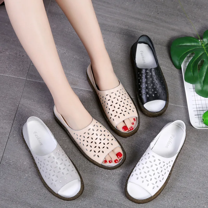 

2019 Summer New Products Women's Hollow out Sandals Genuine Leather Fish Mouth A- line Breathable Fashion Large Size Mom Shoes 4