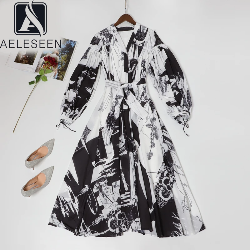 

AELESEEN High Street Design Runway Character Print A-Line Dresses Women Elegant Draped Puff Sleeve Sashes Vintage Mid-Calf Dress