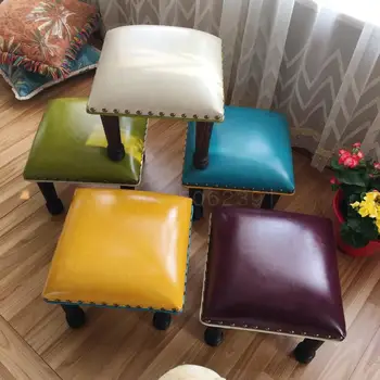 

American leather stool solid wood short stool Nordic small bench home change shoes stool leather living room soft seat