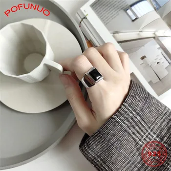 

POFUNUO 925 Sterling Silver Minimalism Handmade Black Onyx Square Rings Luxury Jewelry Lovers Exquisite Gift Agate Chic Rings