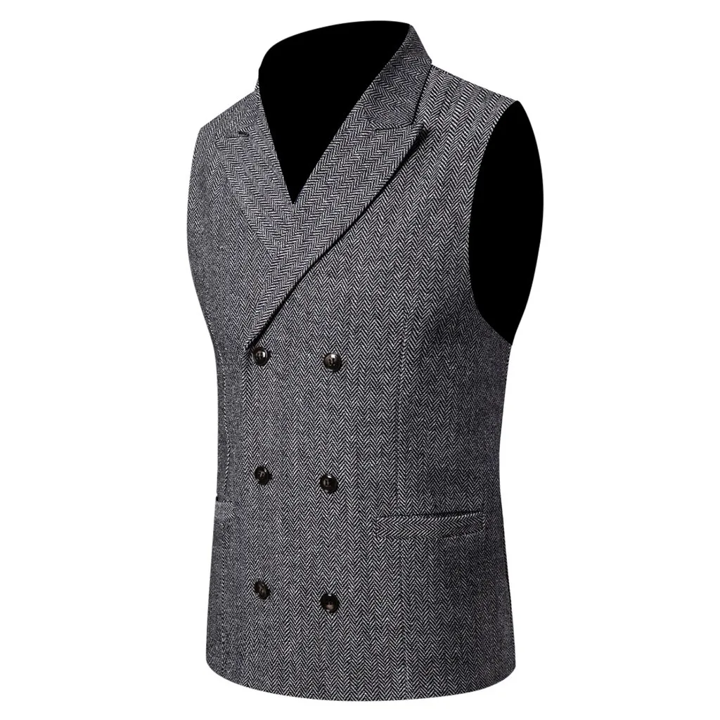 Men Fashion Business Smart Casual plaid double breasted vest Wedding Party Waistcoat Tops vintage gilet Jacket free shiping - Цвет: Gray 5