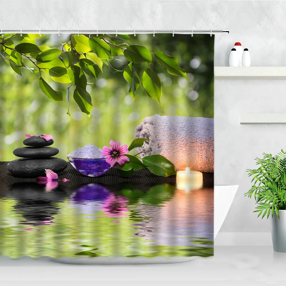 

Шторы для ванной комнаты Zen Garden, водонепроницаемые тканевые занавески с принтом в виде свечи, Зеленый бамбук, черный камень, для домашнего декора