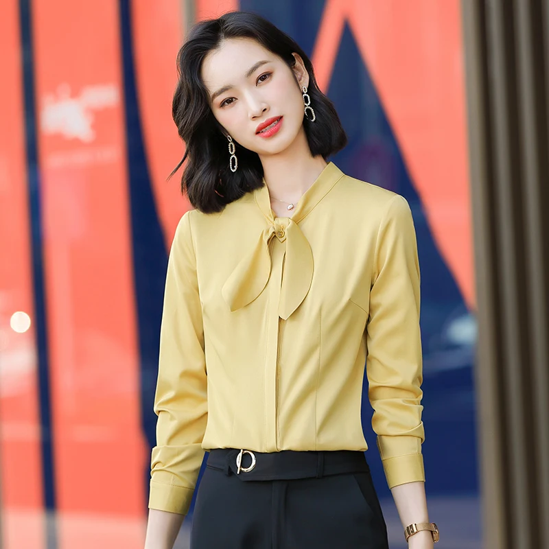 Blusas amarillas elegantes para mujer, ropa de trabajo de negocios, manga larga, estilo OL, - AliExpress