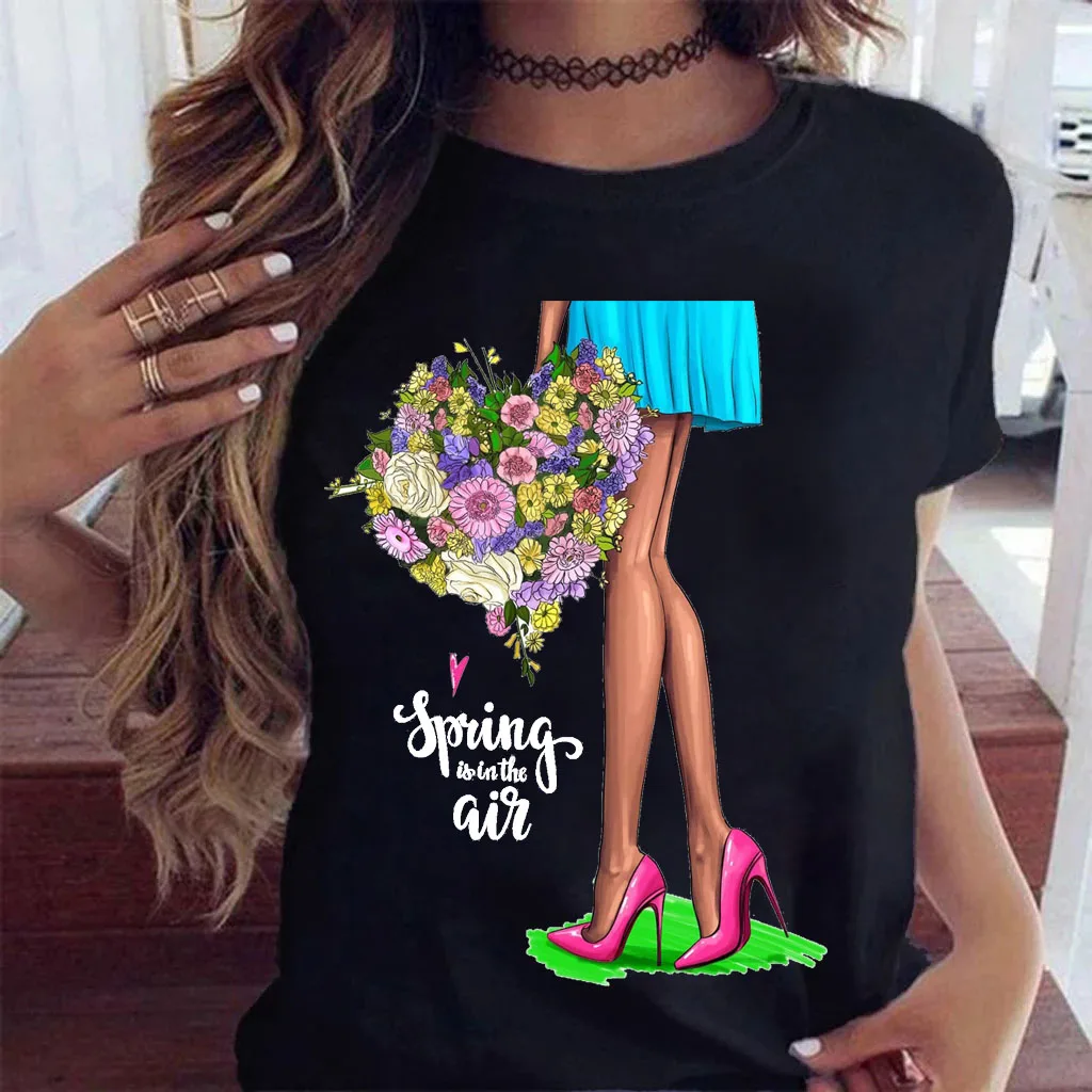 Fashion Women T Shirt Sunflower Girl Printed T Shirt Casual Black Tops 90s Ladies Girl Tee Shirt Female Harajuku Graphic T-shirt sport t shirt