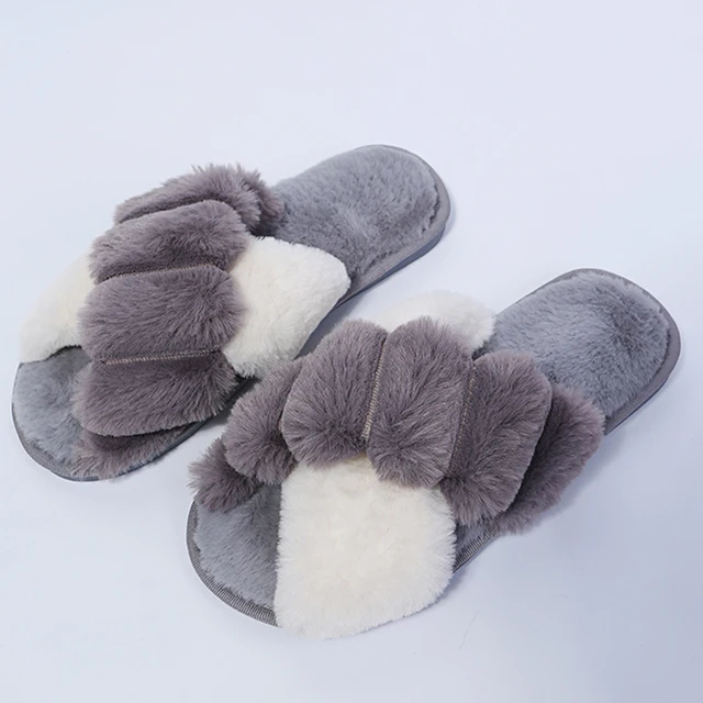 Winter Women House Slippers Faux Fur Fashion Warm Shoes Woman Slip on Flats Female Slides Black Pink cozy home  furry slippers Splicing gray