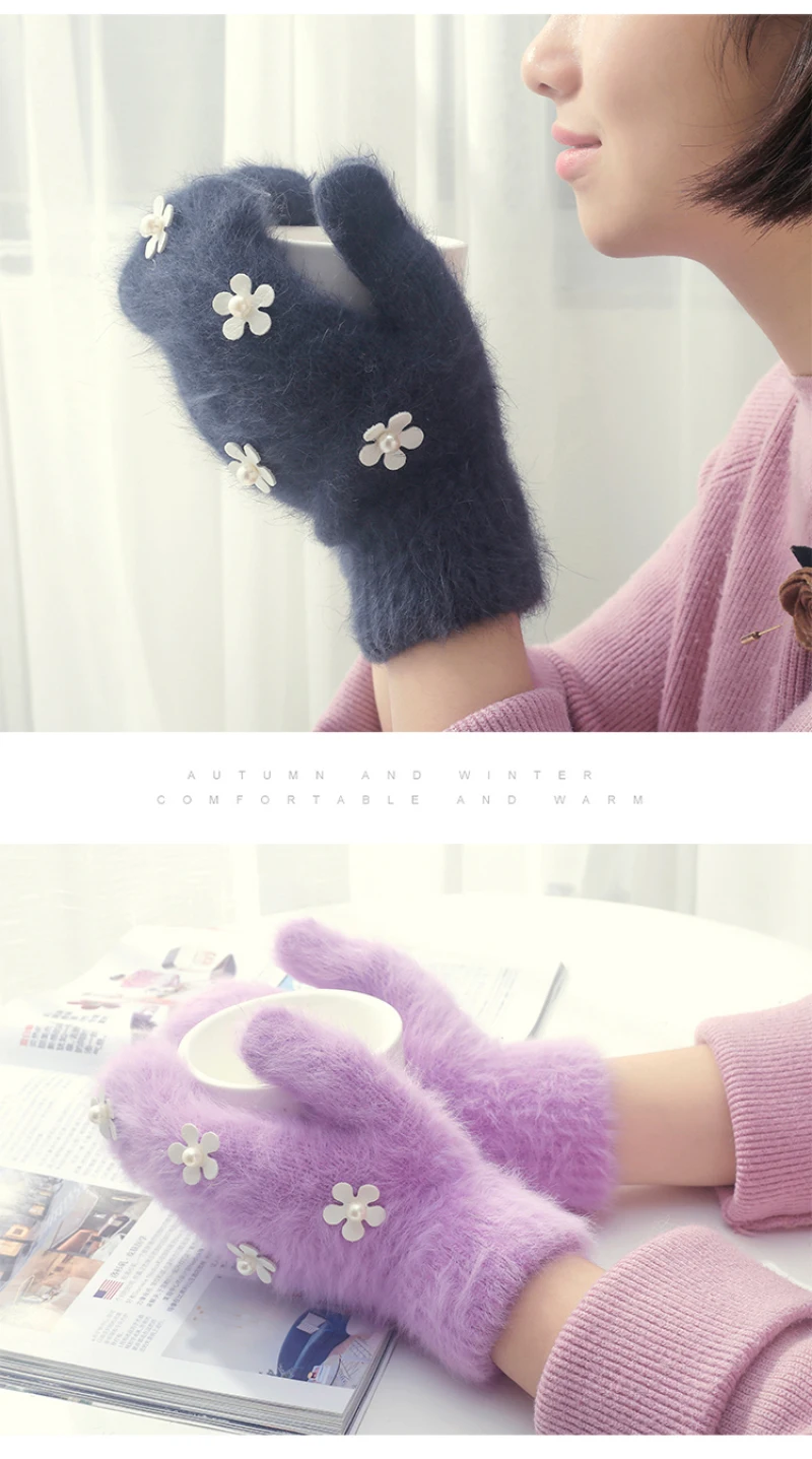 New Women Winter Keep Warm Plus Velvet Inside Thicken Full Finger Female Flower Pearl Cute Lovely Long Rabbit Fur Mittens Gloves
