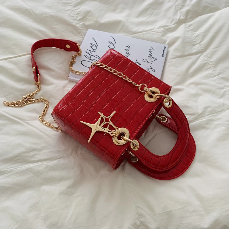 Elegant Female Stone Pattern Tote bag Fashion New Quality PU Leather Women's Designer Handbag Chain Shoulder Messenger bags - Цвет: Красный