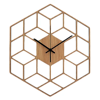 

1 Pcs Hexagon Wood Wall Clock Advanced European Minimalist Geometric Lines Exquisite Artistic Silently Clock for Cafe Home