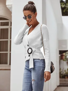

New Fashion Autumn Winter Simplee Elegant Women Double Breasted Casual V-neck Chic Knitting Sweater