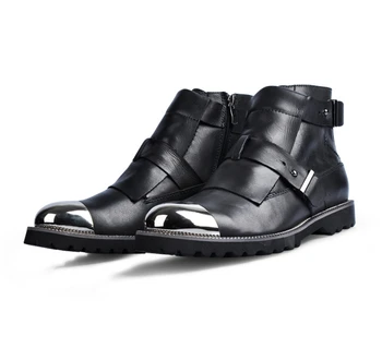 

Booties Men's Double Buckle High Top Single casual leather dress shoes fashion zip Metal toes boots