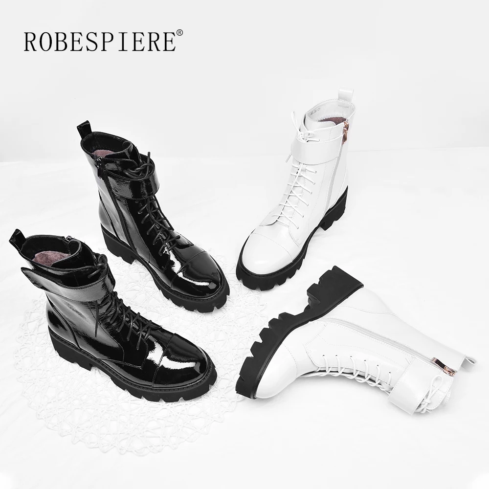 ROBESPIERE, новинка, ботильоны для женщин, лакированная кожа, на платформе, со шнуровкой, женские модные теплые плюшевые зимние ботинки на молнии, B157