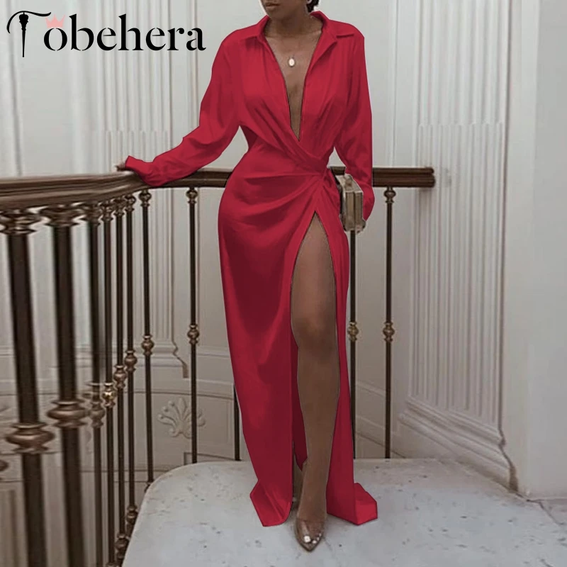 Glamaker блестящий серебристый белый атласный халат для женщин размера плюс макси сексуальные Вечерние Длинное Платье летнее с v-образным вырезом облегающее Элегантное Черное vestidos - Цвет: Красный