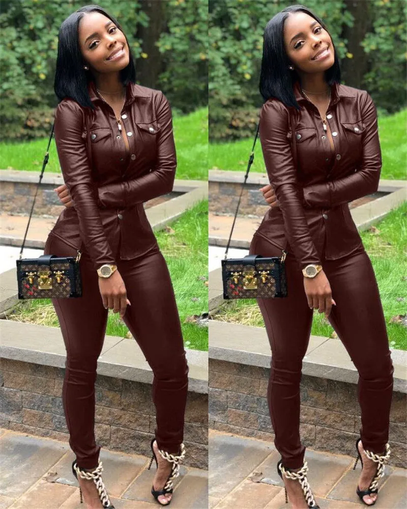 Two Piece Set Women Casual Faux Leather 