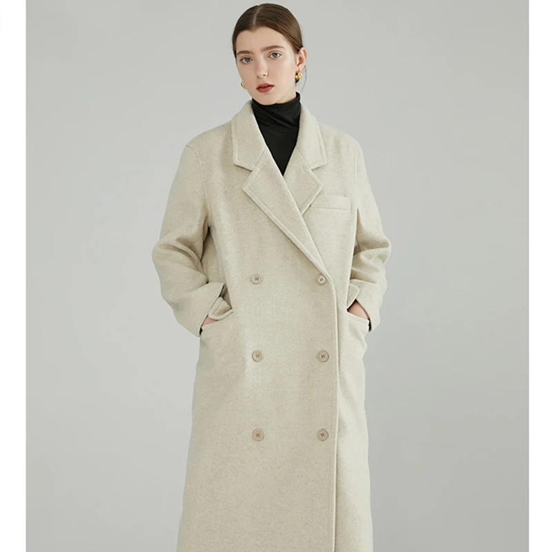 beige Женское нейтральное пальто, Дамская Роскошная твидовая куртка, пальто из овечьей шерсти, женское мешковатое длинное пальто, однобортное платье, роскошное теплое пальто - Цвет: beige