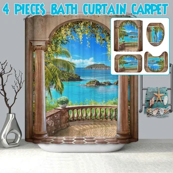 

1/3/4 Pcs Landscape Printing Waterproof Bathroom 3D Shower Curtain Set With Non Slip Toilet Cover Rugs Bath Mat Home Decor