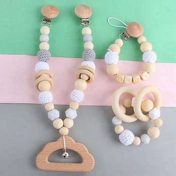 

1 Set Baby Pacifier Clips Chain Wooden Beads Rattle Teether Stroller Hanging Sets Infant Saliva Towel Pacifier Chain Holder